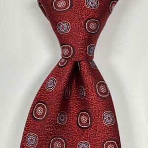 Canali Tie Mens 100% Silk Red Geometric Medallion Skinny XL Necktie Made Italy